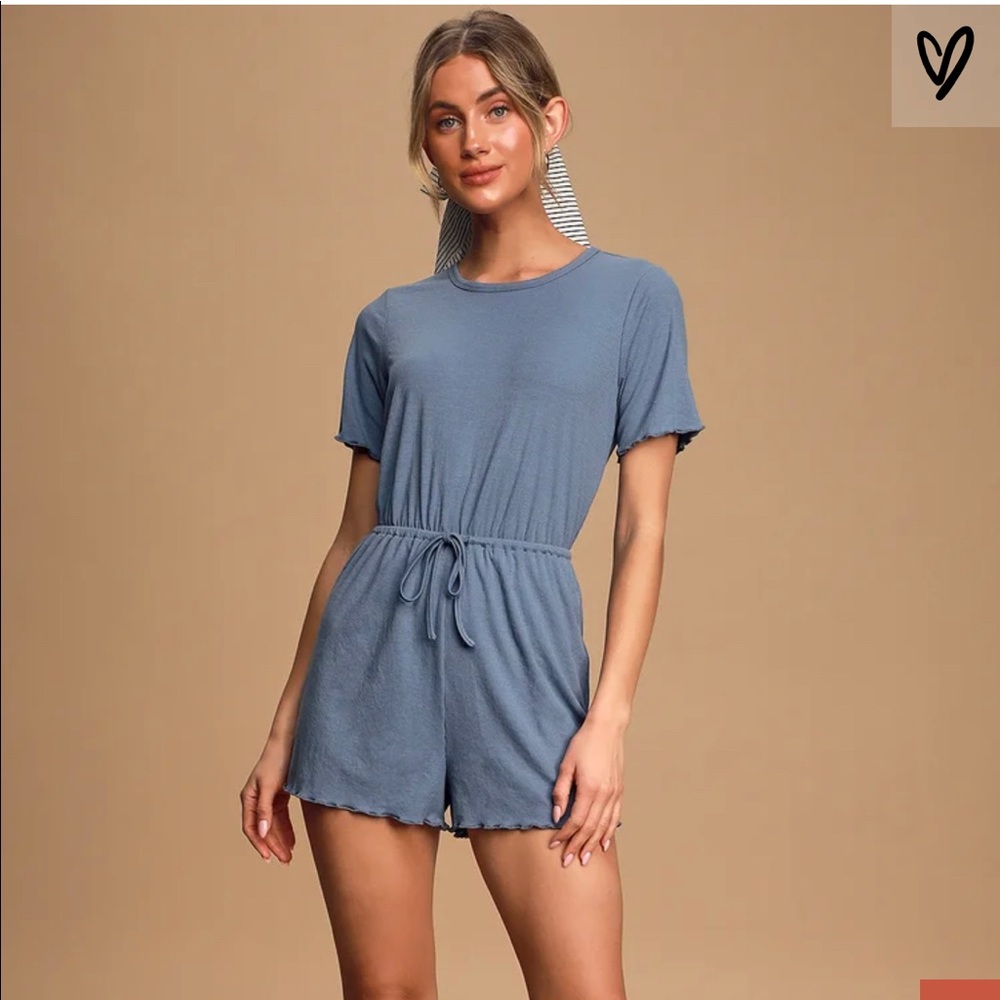 Estelle Slate Blue Ribbed Lettuce Edge Romper